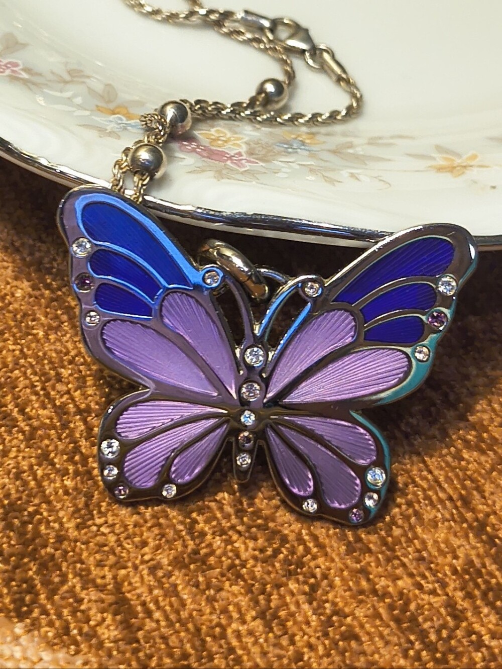 Silver Plated Purple Lavender Enamel Butterfly Necklace Rope Chain Vtg Style